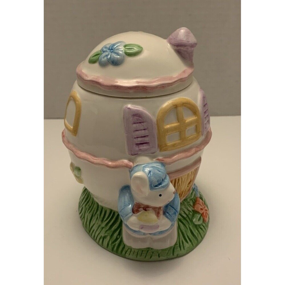 Ceramic Easter Trinket Or Candy Dish Spring Bunny Flowers House